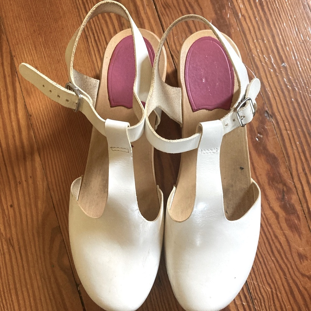 Swedish Hasbeens White T-strap clogs
